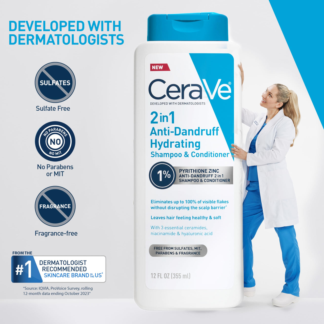 CeraVe 2 In 1 Hydrating Anti Dandruff Shampoo And Conditioner Twin Pack, 1% Pyrithione Zinc Dandruff Treatment Helps Eliminate Dandruff, Color Safe & Sulfate Free, 12 Fl Oz Each (Set of 2)