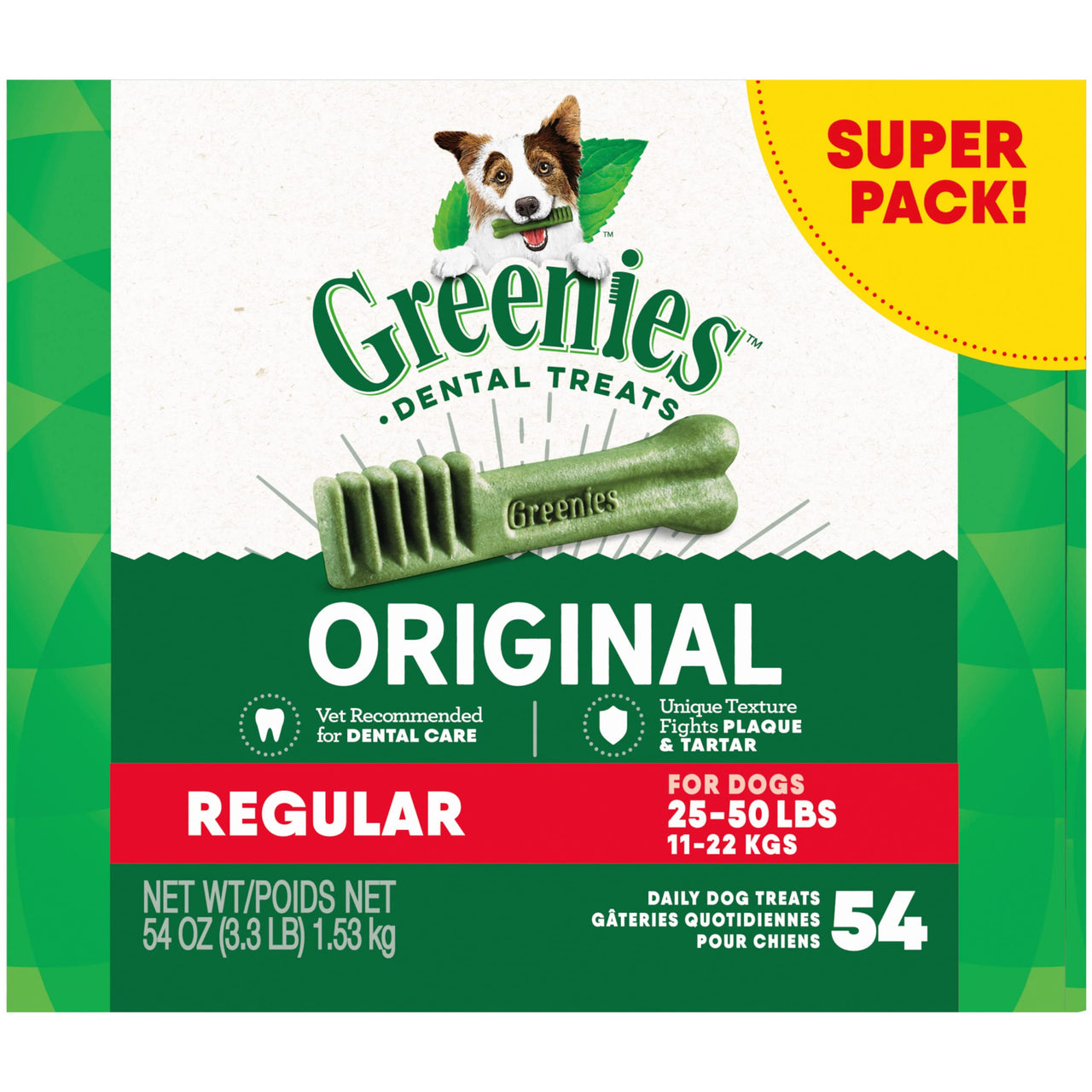 Greenies Veterinarian-Recommended Adult Natural Dental Dog Treats Regular Size, Dog Dental Chews, Original Flavor, 54 oz. Pack, 54 Count