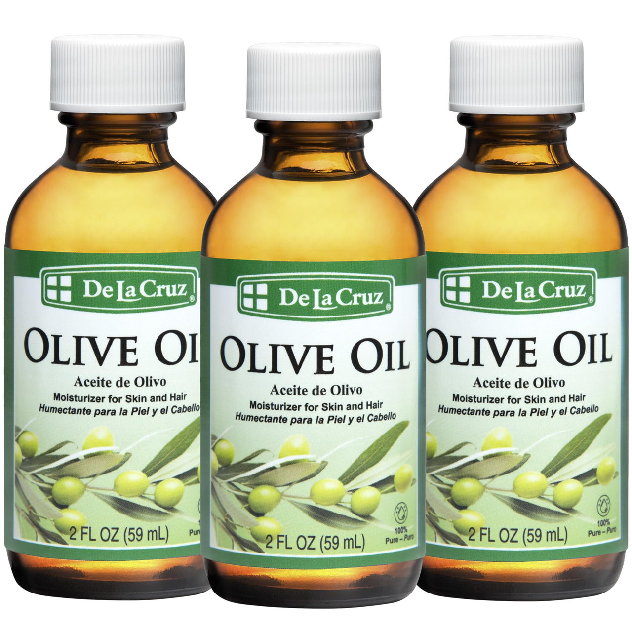 De La Cruz Pure Olive Oil - Natural Expeller Pressed Olive Oil for Hair and Skin - Lightweight Body Oil for Dry Skin 2 Fl Oz (3 Bottles)