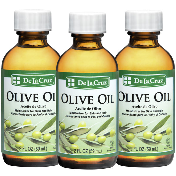 De La Cruz Pure Olive Oil - Natural Expeller Pressed Olive Oil for Hair and Skin - Lightweight Body Oil for Dry Skin 2 Fl Oz (3 Bottles)