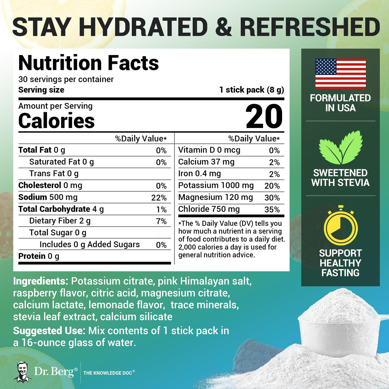 Dr. Berg Sports Hydration Electrolytes Powder w/More Salt (Pink Himalayan) - 30 Keto Electrolytes Powder Packets w/a Delicious Salty Raspberry & Lemon Flavor - Includes 1,000mg of Potassium