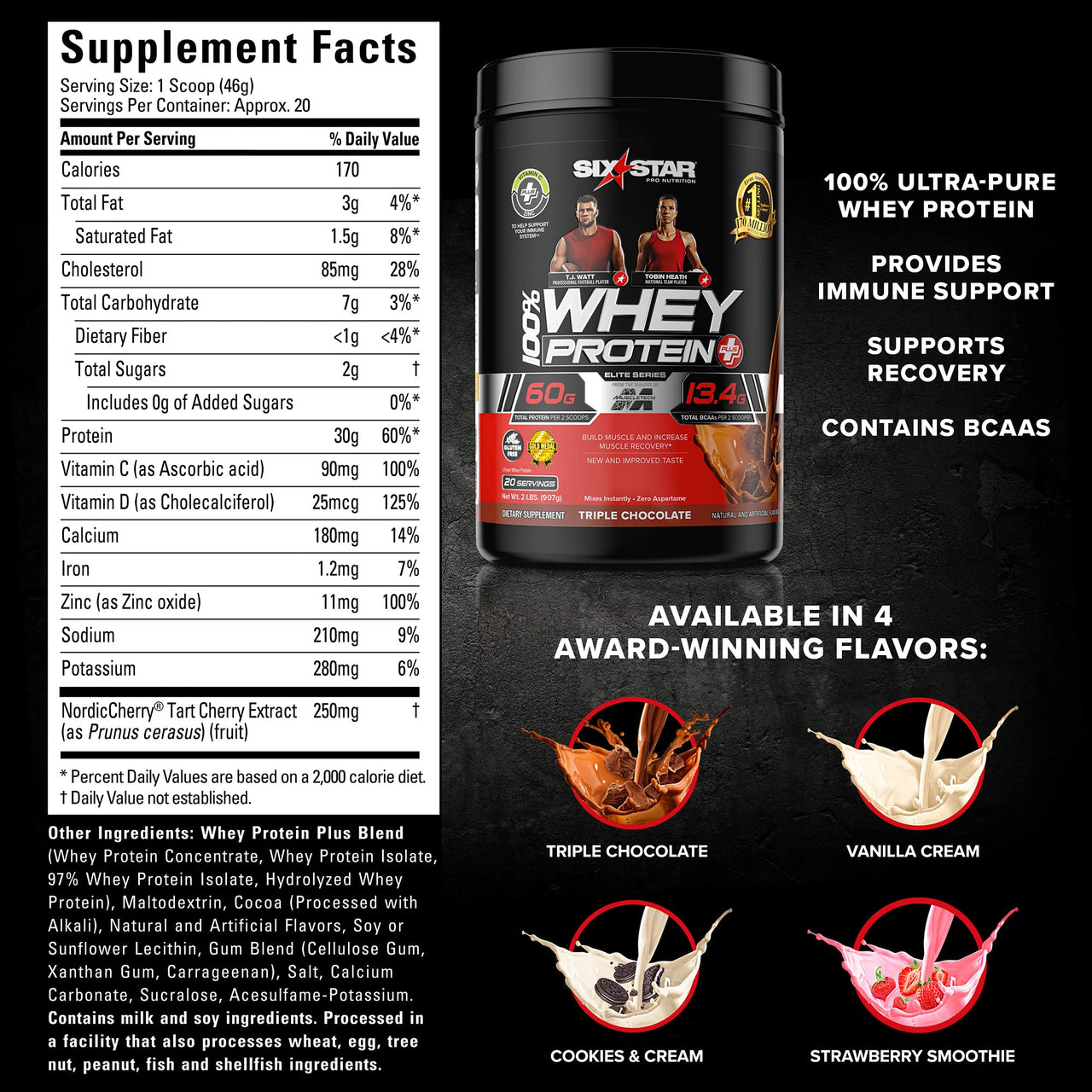Whey Protein Powder + Immune Support | Six Star Whey Protein Plus | Whey Protein Isolate & Peptides + Muscle Builder | Lean Protein Powder for Muscle Gain & Recovery | Vanilla, 2 lbs