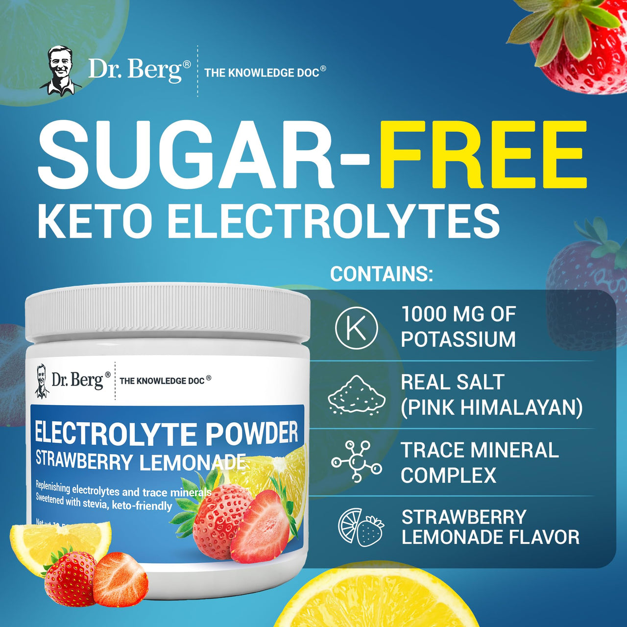 Dr. Berg Zero Sugar Hydration Keto Electrolyte Powder - Enhanced w/ 1000 mg of Potassium & Real Pink Himalayan Salt (NOT Table Salt) - Strawberry & Lemonade Hydration Drink Supplement - 50 Servings