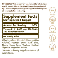 Thumbnail for Solgar Methylcobalamin (Vitamin B12) 5000 mcg, 60 Nuggets - Cherry Flavor - Supports Energy Metabolism - Body-Ready, Active Form - Non-GMO, Vegan, Gluten Free - 60 Servings