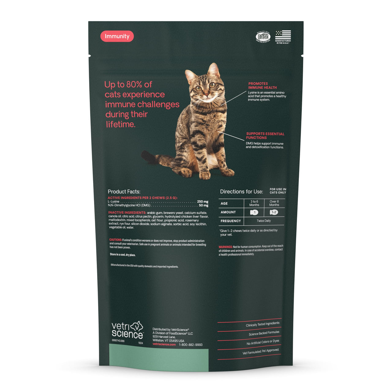 VetriScience Lysine Immunity Health Chews, 250 mg Immune Supplement for Cats and Kittens with Allergies, Sneezing, Runny Nose and Watery Eyes, Chicken, 90 Count