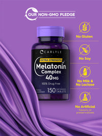 Thumbnail for Carlyle Melatonin 40mg Complex | 150 Fast Dissolve Tablets | Extra Strength Support | with Ashwagandha and Chamomile | Vegetarian, Non-GMO, Gluten Free Supplement