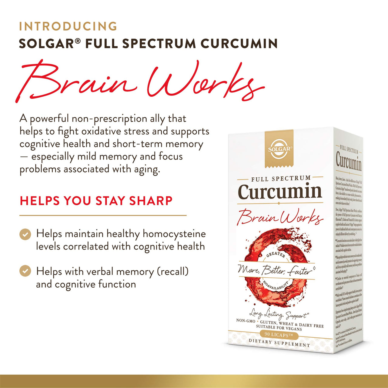 Solgar Full Spectrum Curcumin Brain Works, 90 Licaps - Support Memory Recall, Focus, Cognitive Function - Antioxidant Support - Curcumin, BacoMind, Choline, Vitamin B12 - Non-GMO, Vegan - 30 Servings