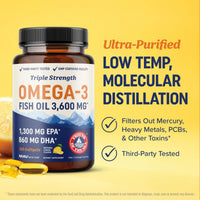 Thumbnail for Triple Strength DHA Omega 3 Fish Oil 3600 mg | Over 2100mg Omega-3 Fatty Acids with 860mg of DHA | 1300mg EPA | Best Essential Fatty Acids | Premium Wild Caught & Burpless Fish Oil | 120 ct.