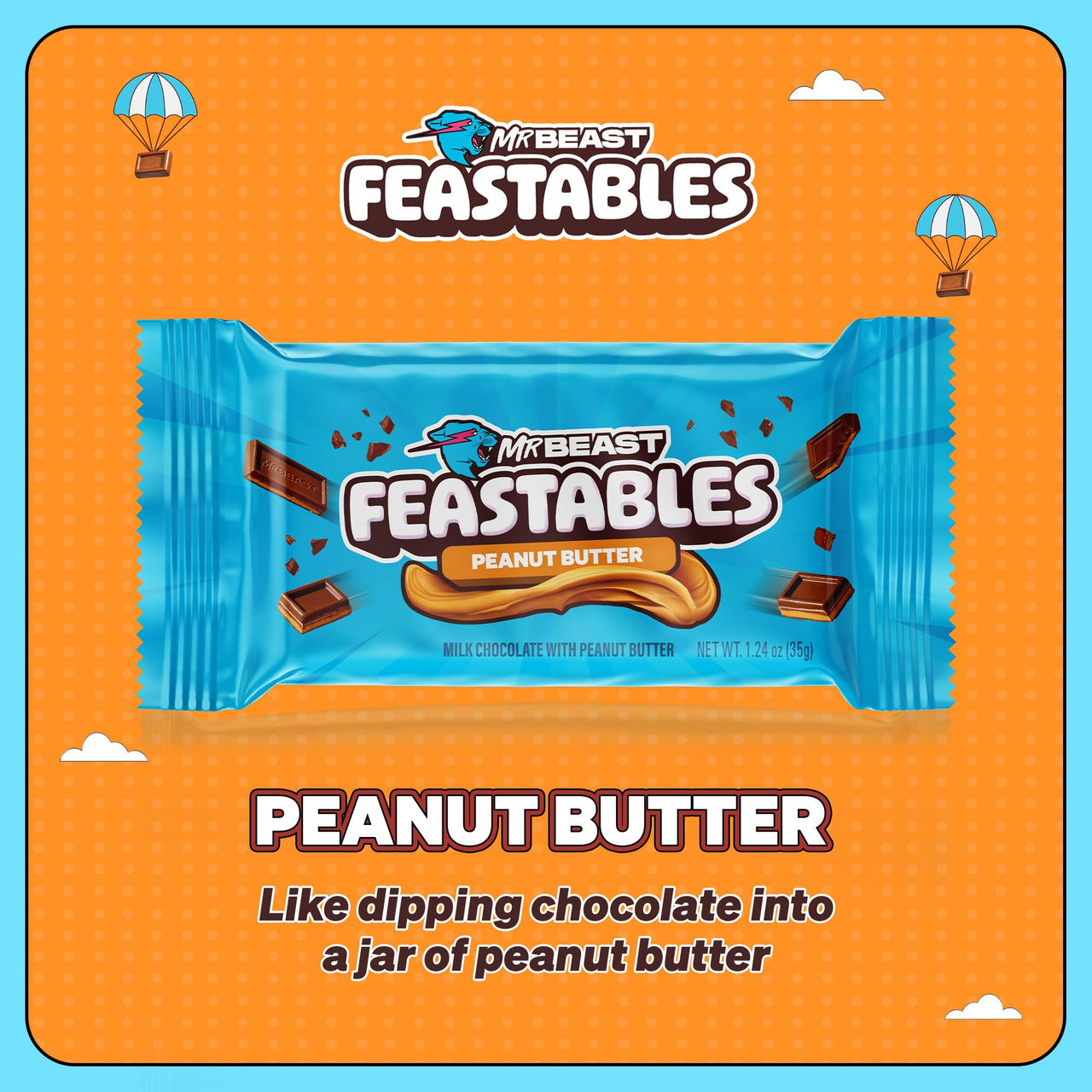 MrBeast Feastables Peanut Butter Milk Chocolate Bar, Full Size, 24 Count, Creamy Peanut Butter Filled Chocolate Candy, Fairtrade Cocoa, 1.24oz Each