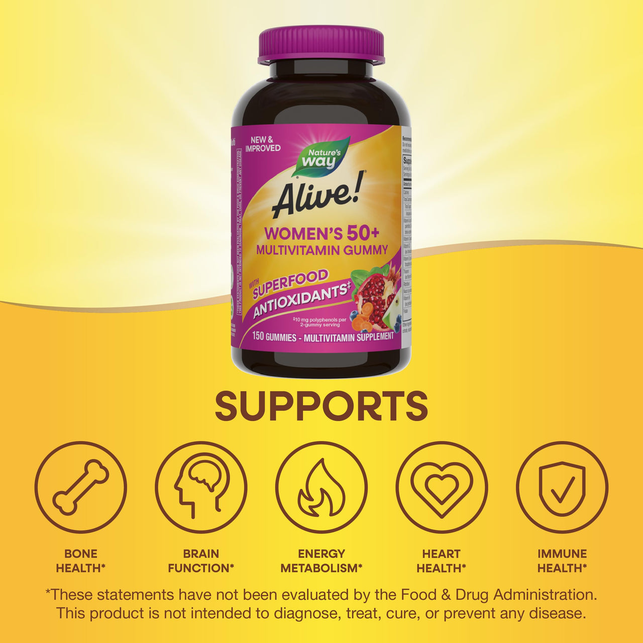 Nature’s Way Alive! Women’s 50 Plus Multivitamin Gummy, Daily Chewable Multivitamins with B-Vitamins, Vitamin D3, Calcium, Supports Heart, Brain & Bone Health,* Mixed Berry Flavored, 150 Count
