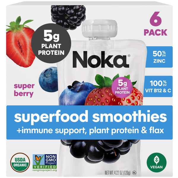 Noka Organic Superfood Smoothie Pouches – Super Berry – Immune Support with Elderberry, Vitamin C & Plant Protein, Organic Healthy Snacks for Kids & Adults, 4.22oz (6 Pack)