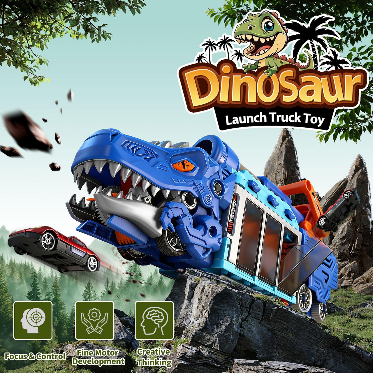 LUCKFUTURE Dinosaur Truck Toy, Blue T-Rex with Launcher - Shoots Cars & Balls, Interactive Tyrannosaurus Play Set with Storage for Kids Ages 3-7