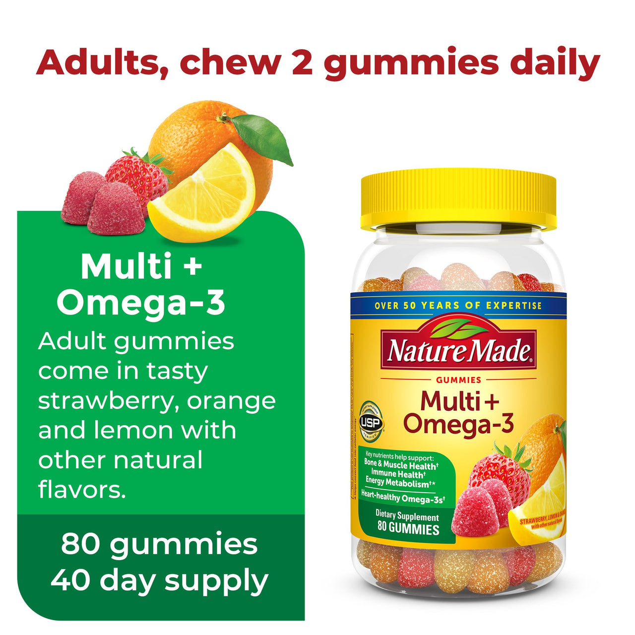 Nature Made Adult & Kids Multivitamin Gummies Combo Pack, Multis with Vitamin C, Vitamin D3, B Vitamins, Zinc, Omega 3 Fish Oil & More, Two Multivitamin Bottles for Whole Family