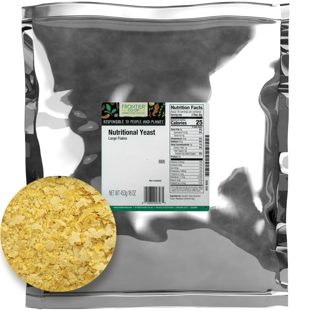 Frontier Co-op Nutritional Yeast, Large Flakes, 1lb Bulk Bag - Savory Non-Dairy Cheese Flavor for Popcorn, Pasta, Sauces