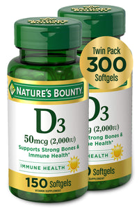 Thumbnail for Nature's Bounty Vitamin D3, Supports Immune System and Bone Health, 50mcg, 150 Softgels (Pack of 2)