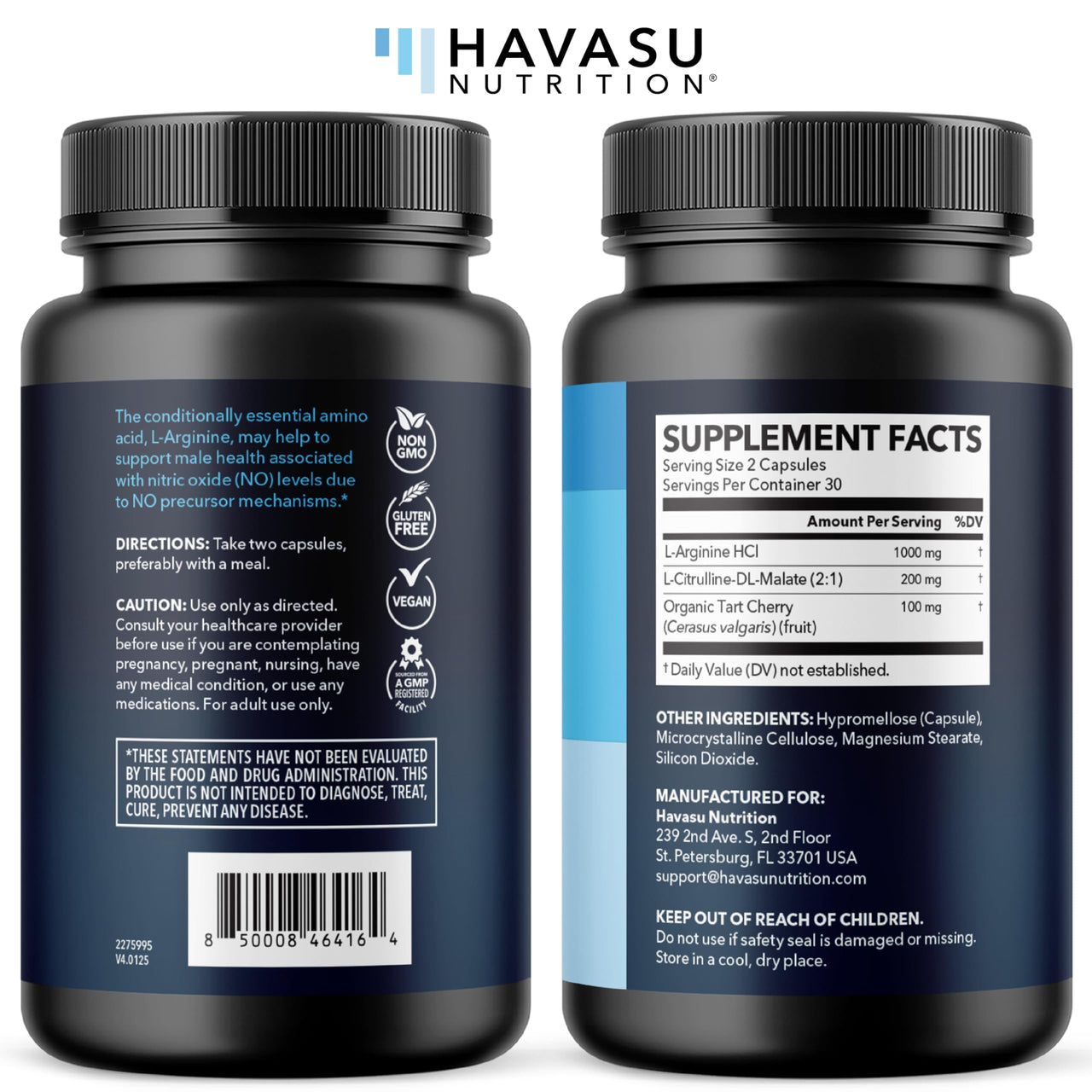 L-Arginine Capsules with L-Citrulline - Nitric Oxide Supplement - L Arginine and L Citrulline Blend - 60 Count - Vegan, Non-GMO Capsules for Performance, Endurance and Muscle Support - 1 Month Supply