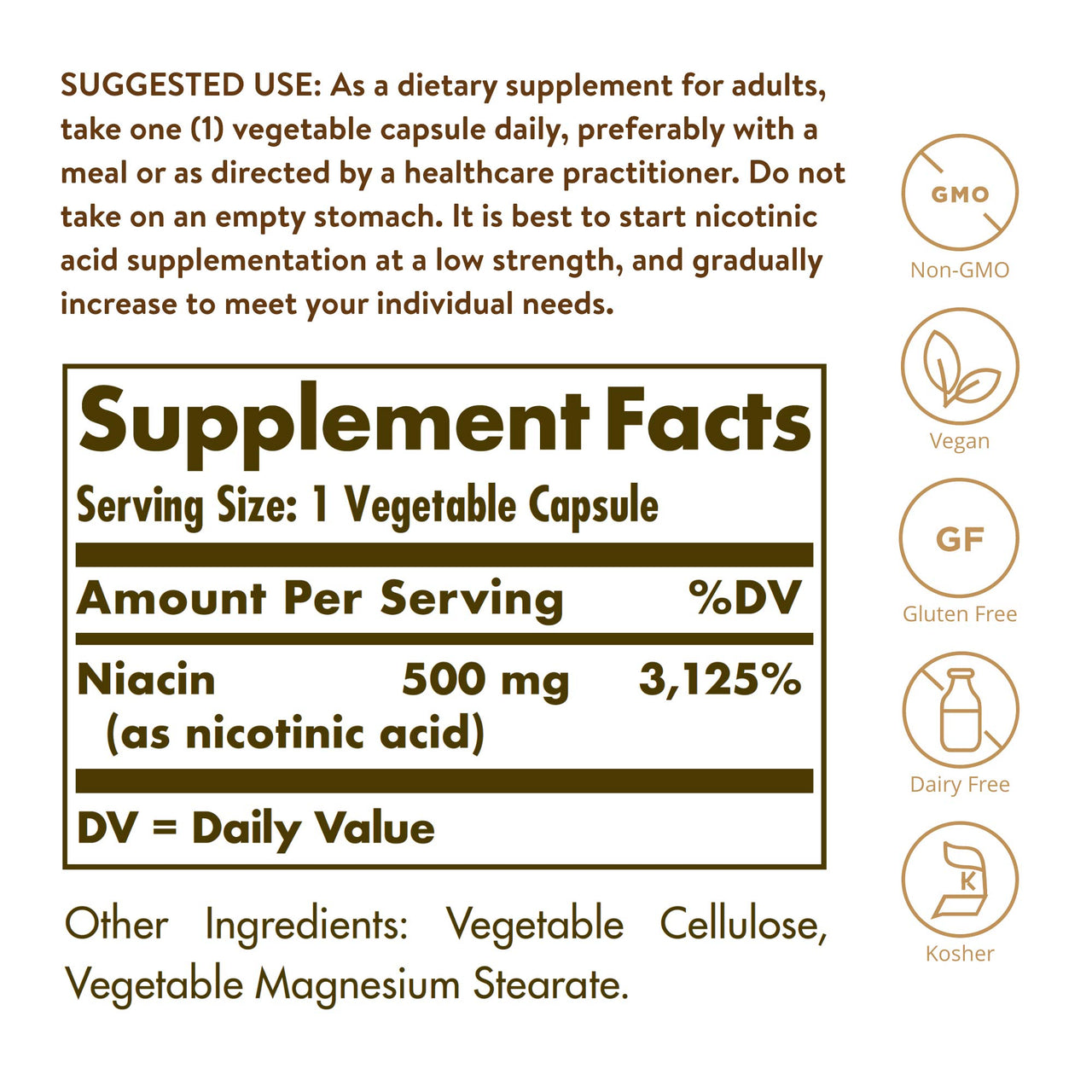 Solgar Niacin (Vitamin B3) 500 mg, 250 Vegetable Capsules - Energy Metabolism - Non-GMO, Vegan, Gluten Free, Dairy Free, Kosher - 250 Servings