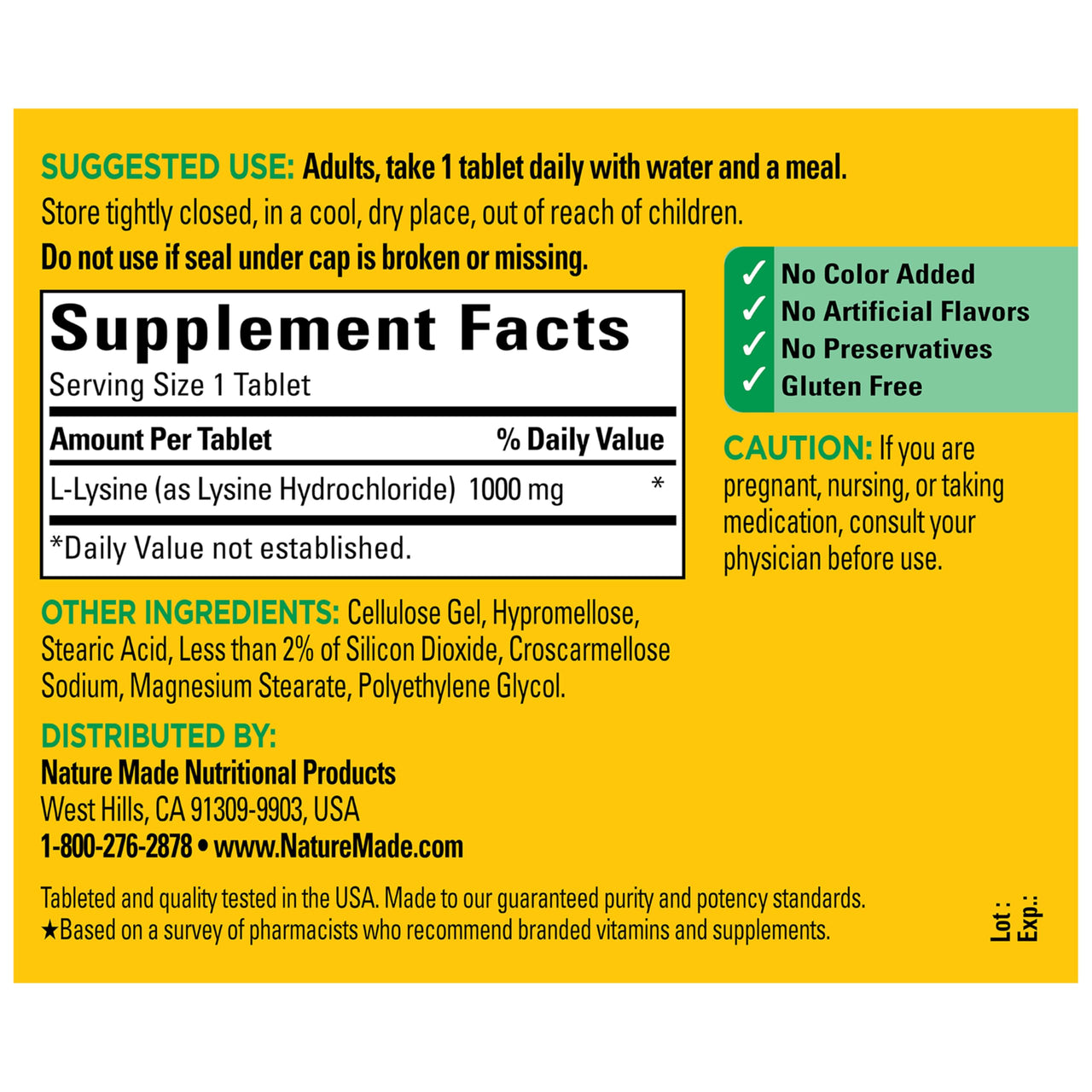 Nature Made L-Lysine 1000 mg, Dietary L-Lysine Supplements, 60 Tablets, 60 Day Supply