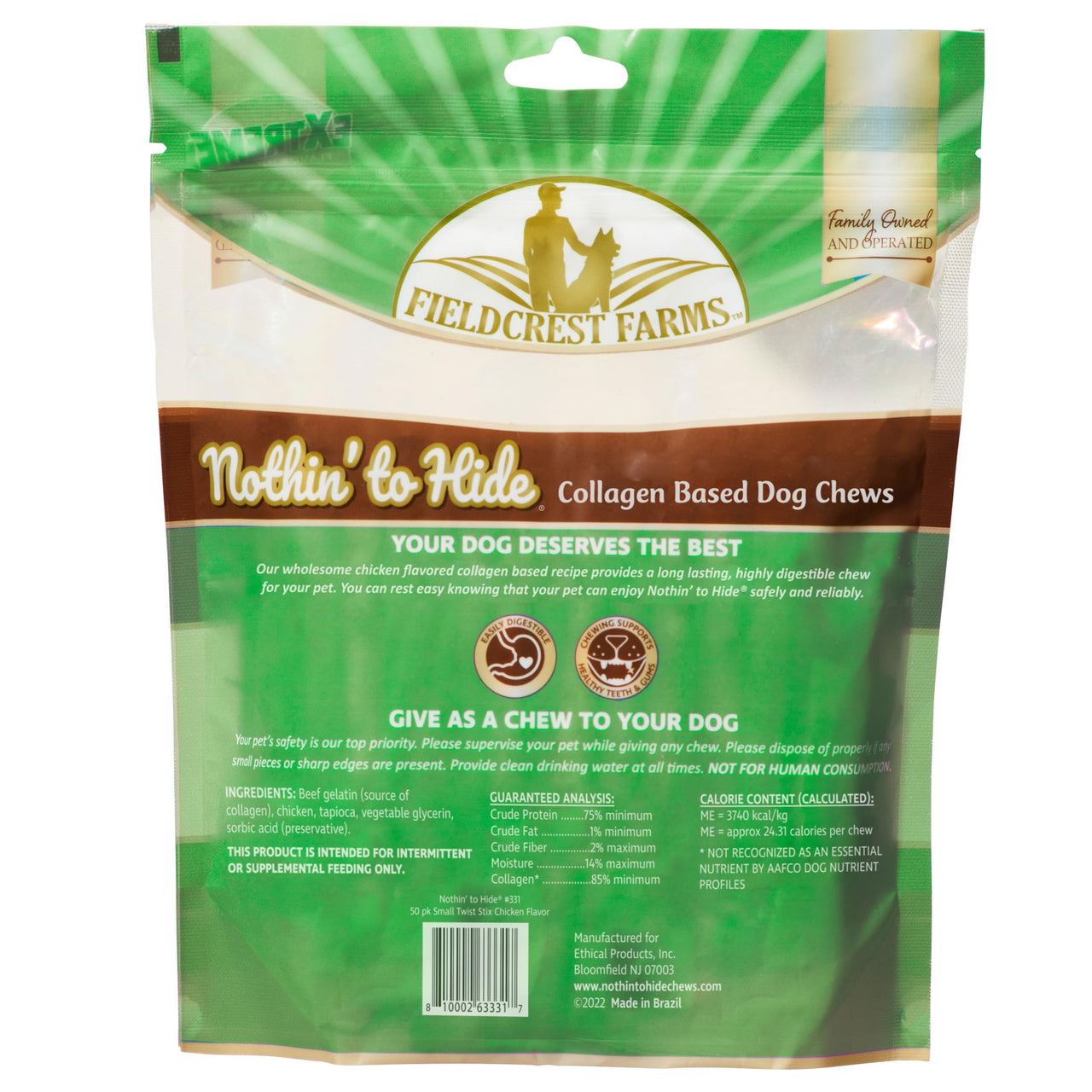 Fieldcrest Farms Nothin' to Hide Twist Stix, Chicken Flavor, Easily Digestible, Supports Skin, Coat, Joints & Muscles, for Moderate Chewers Under 15lbs, 50 Pieces