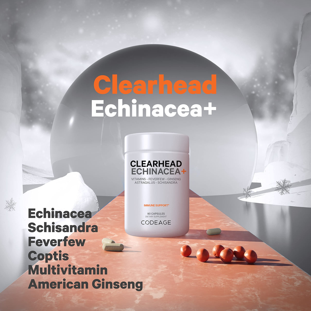 Codeage Clearhead Echinacea+ Supplement - Echinacea, Schisandra, Feverfew, Coptis, American Ginseng, Astragalus, Garlic, Probiotics, Vitamins C & D3, Zinc, Selenium - Clear Head Vitamin - 90 Capsules
