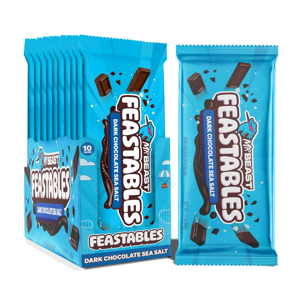Feastables by MrBeast Dark Chocolate with Sea Salt KING Size Chocolate Bar, 2.1oz (60g), 10 count