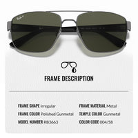 Thumbnail for Ray-Ban RB3663 POLARIZED Square-Round Shaped Sunglasses for Men & Women – Includes Official Rayban Eyewear Kit – Ideal Formal & Casual Wear Sunglasses – G-15 Green Lens