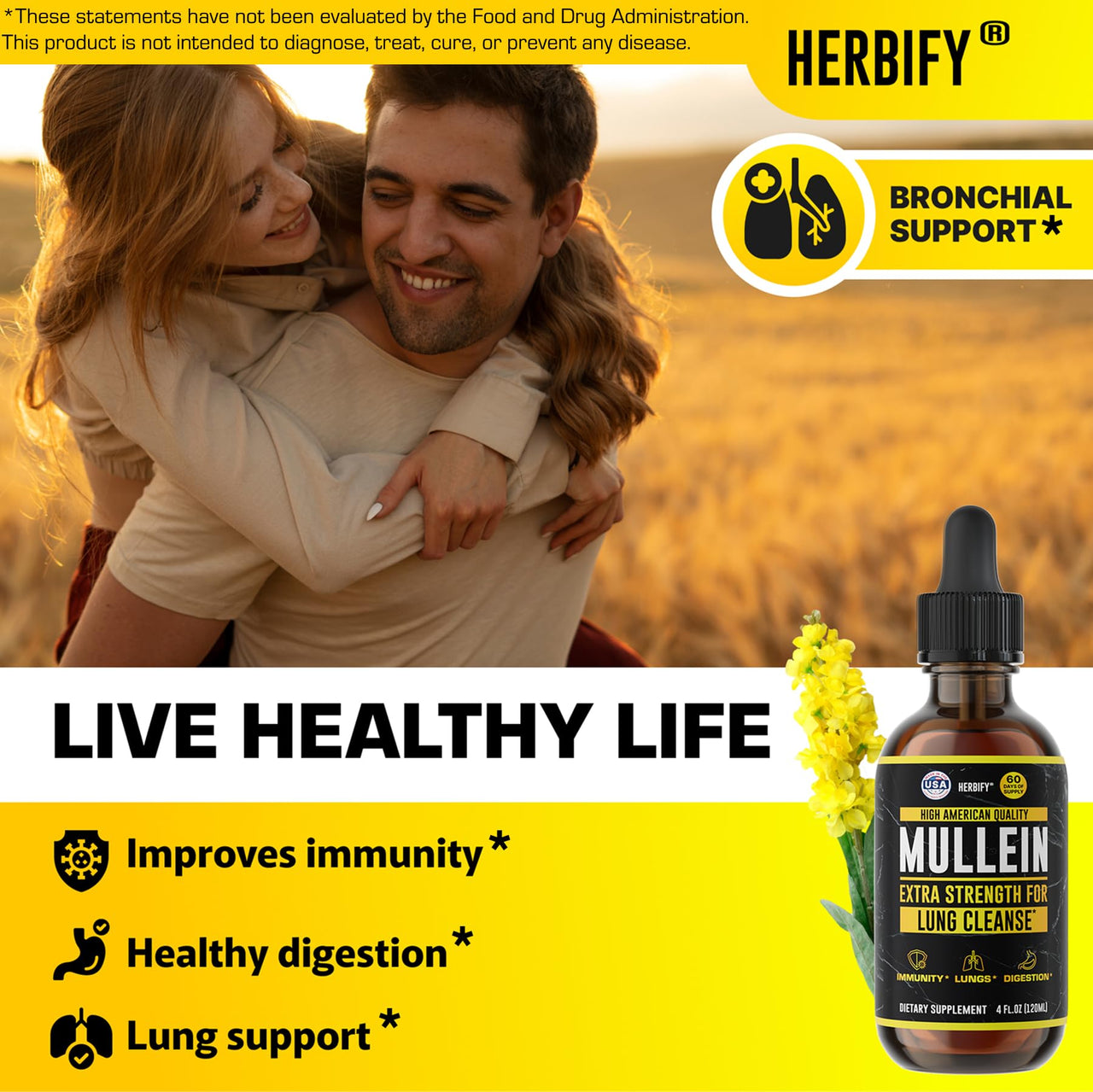 HERBIFY Mullein Drops - Lung Cleanse - Leaf Extract - Powerful Mullein for Immune Support,Detox & Respiratory Support - Made in USA - Lung Cleanse for Smokers - 4 Oz