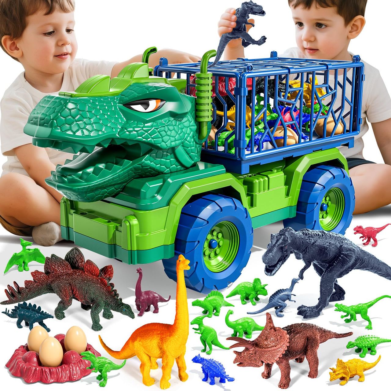 Guminnara 22 in 1 Toddler T-rex Dinosaur Truck Toy Set for Kids Boys 3-5 5-7, Tyrannosaurus Carrier Transport Truck with 18 Jurassic Dino Figures Birthday Toy for Boys Girls 3 4 5 6 7 Years Old