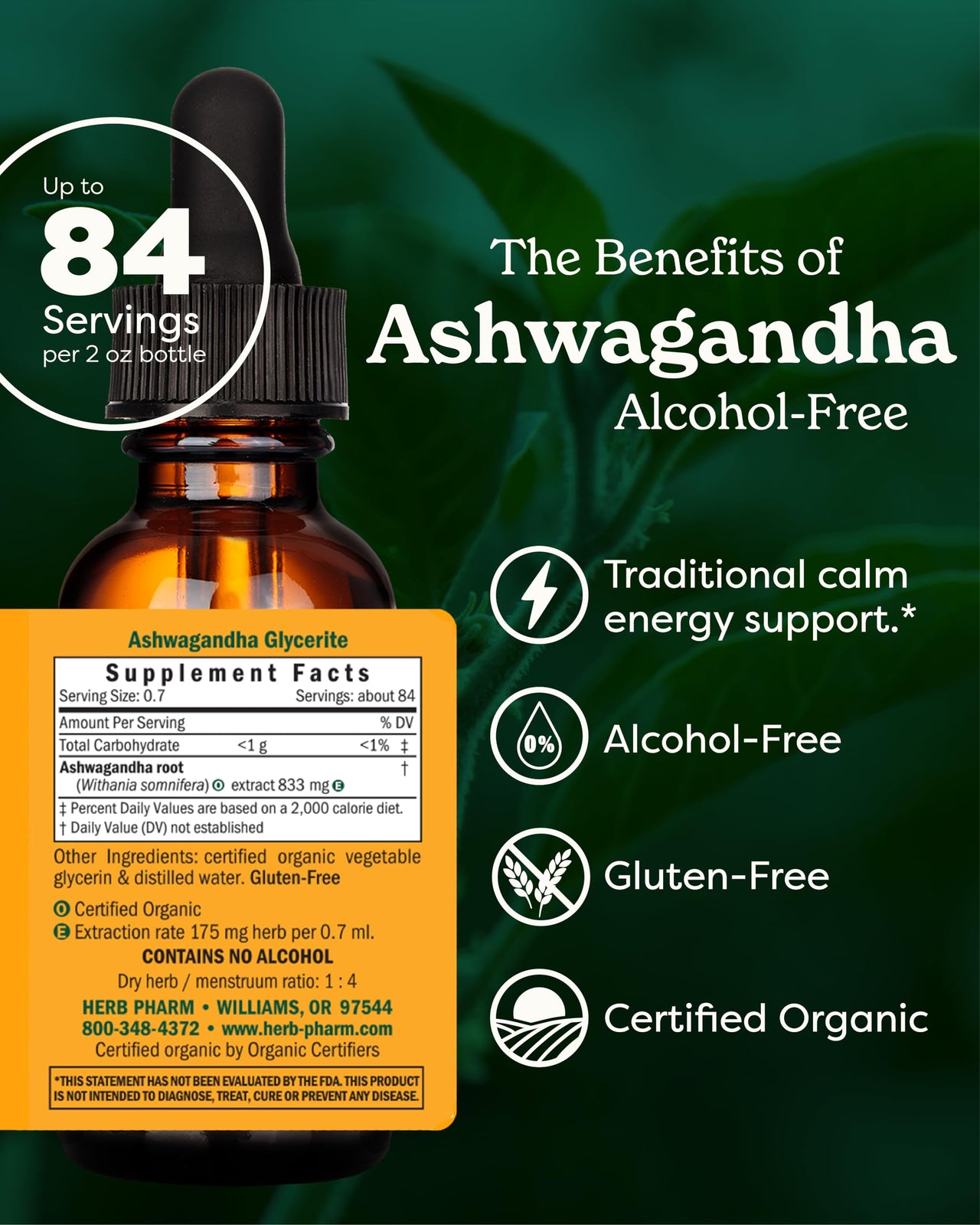 Herb Pharm Ashwagandha, Alcohol Free: Liquid Extract, USDA Organic | Traditional Stress Support Supplement, Ashwagandha Root Glycerite, Tasty Adaptogen Extract for Adults | Up to 6 Week Supply, 2 oz*