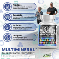 Thumbnail for Clean Nutraceuticals Sea Moss Black Seed Oil Ashwagandha Turmeric Bladderwrack Burdock & Vitamin C Vitamin D3 with Elderberry Manuka Dandelion Yellow Dock Iodine Chlorophyll ACV