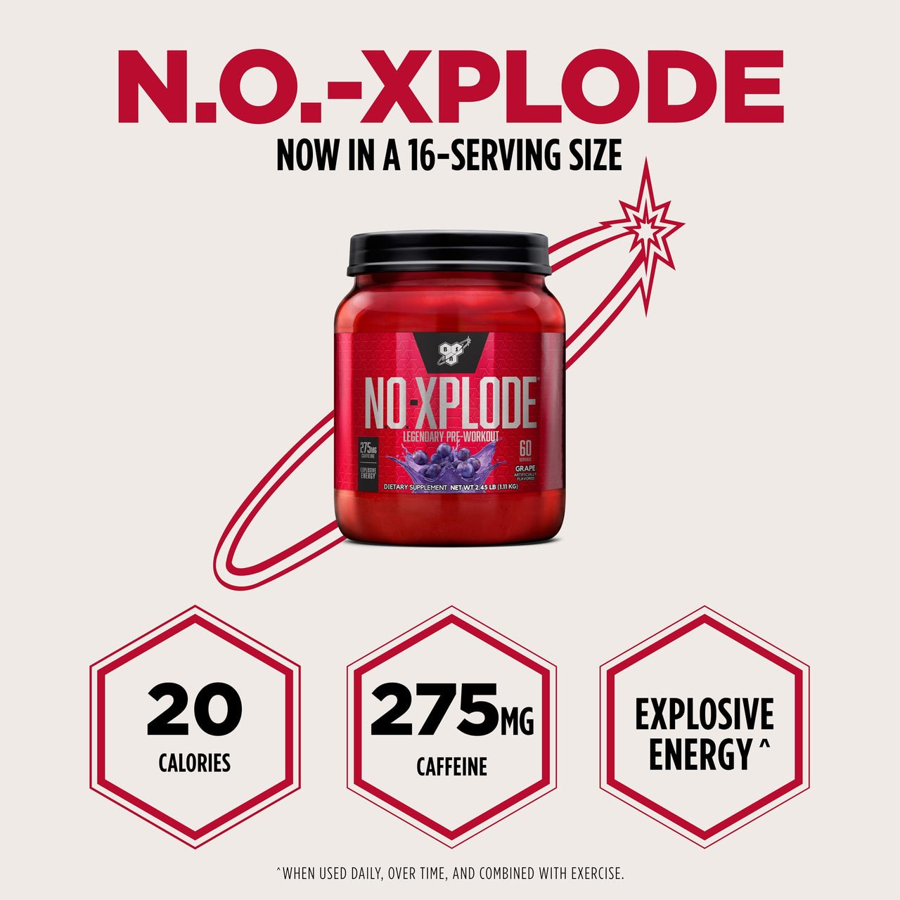 BSN N.O.-XPLODE Pre Workout Powder, Energy Supplement for Men and Women with Creatine and Beta-Alanine, Grape, 60 Servings, 2.45 Pound (Packaging May Vary)