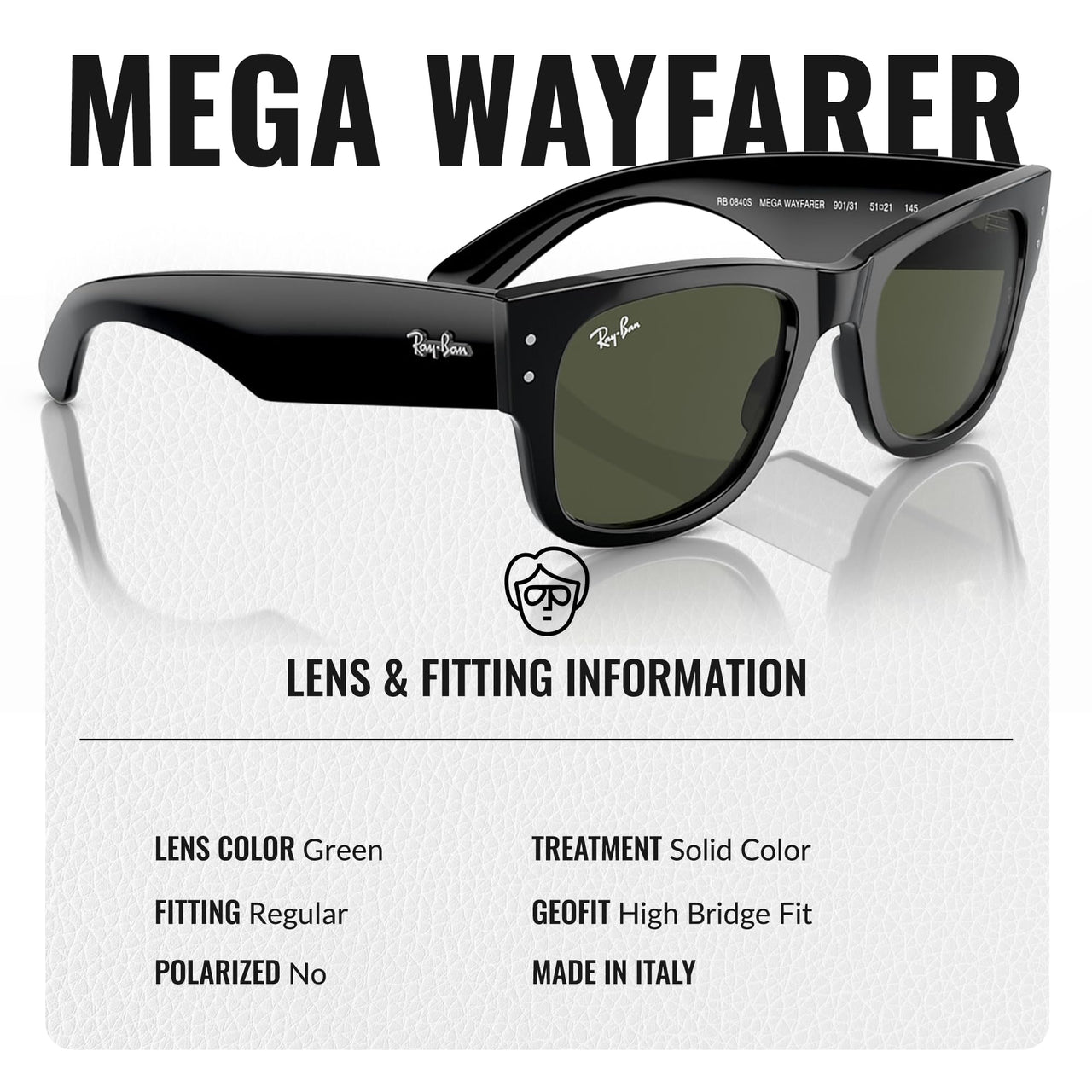 Ray-Ban RB0840S MEGA WAYFARER Square Shaped Non-Polarized Sunglasses for Men & Women – Includes Official RAYBAN Eyewear Kit – Ideal Formal & Casual Wear Sunglasses – Green Lens