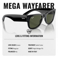 Thumbnail for Ray-Ban RB0840S MEGA WAYFARER Square Shaped Non-Polarized Sunglasses for Men & Women – Includes Official RAYBAN Eyewear Kit – Ideal Formal & Casual Wear Sunglasses – Green Lens