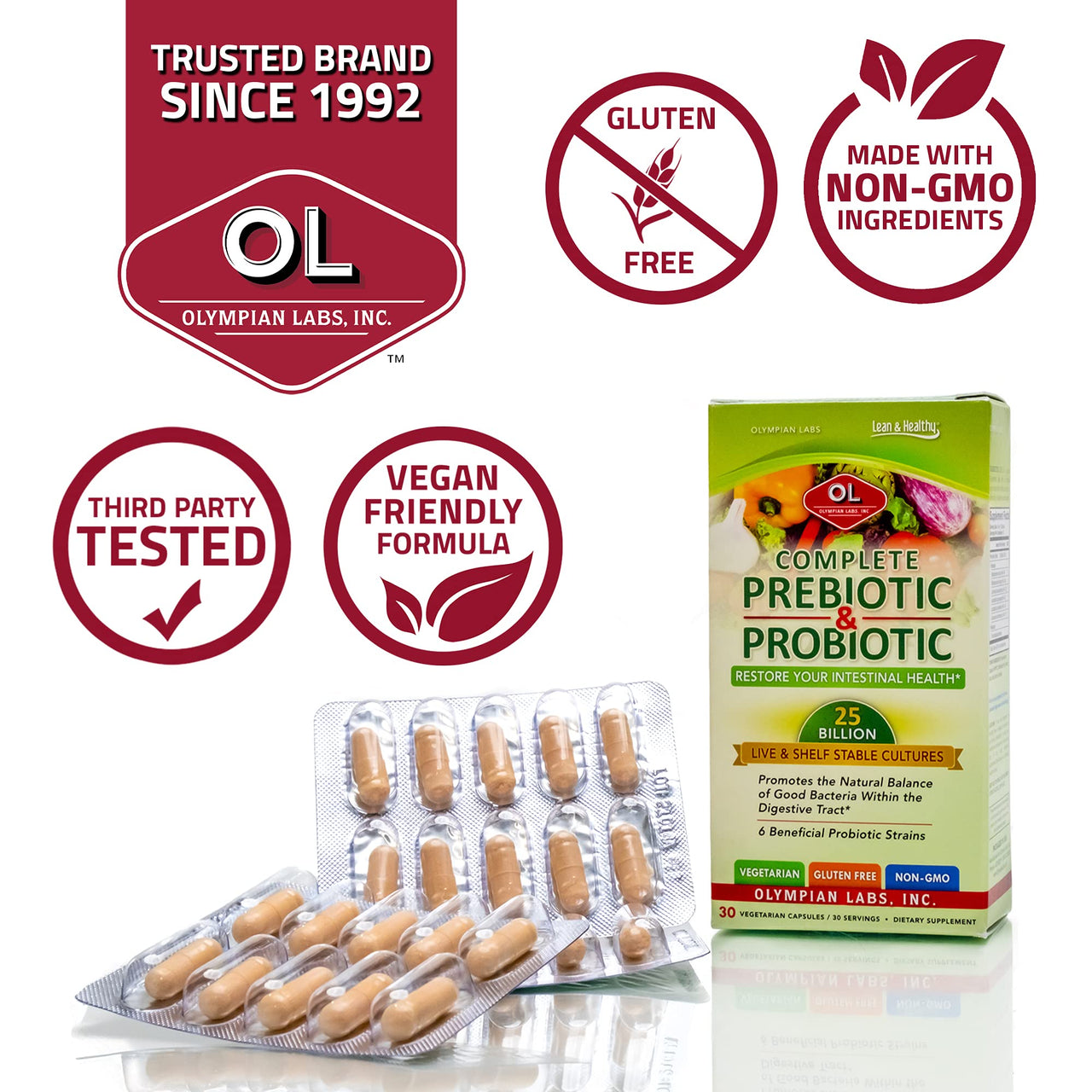 Olympian Labs Complete Prebiotic and Probiotic Supplement - 25 Billion Live Shelf Stable Cultures - 30 Vegetarian Capsules, Helps Restore the Natural Balance Within the Digestive Tract.