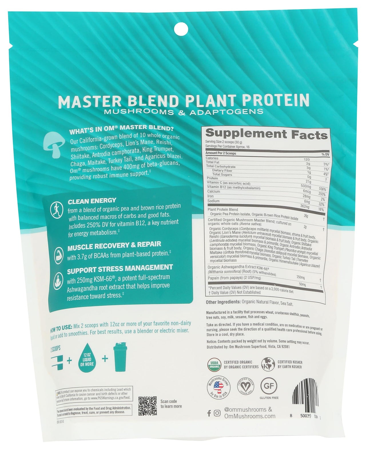 Om Mushroom Superfood, Protein Master Blend Original Unsweetened Organic, 17.07 Ounce
