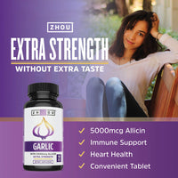 Thumbnail for Zhou Garlic with Allicin - Garlic Supplements, Odorless Garlic Extract Pills for Men & Women, 5000 mcg Allicin Per Tablet for Immune & Heart Health - 90 Coated Tablets (Pack of 1)