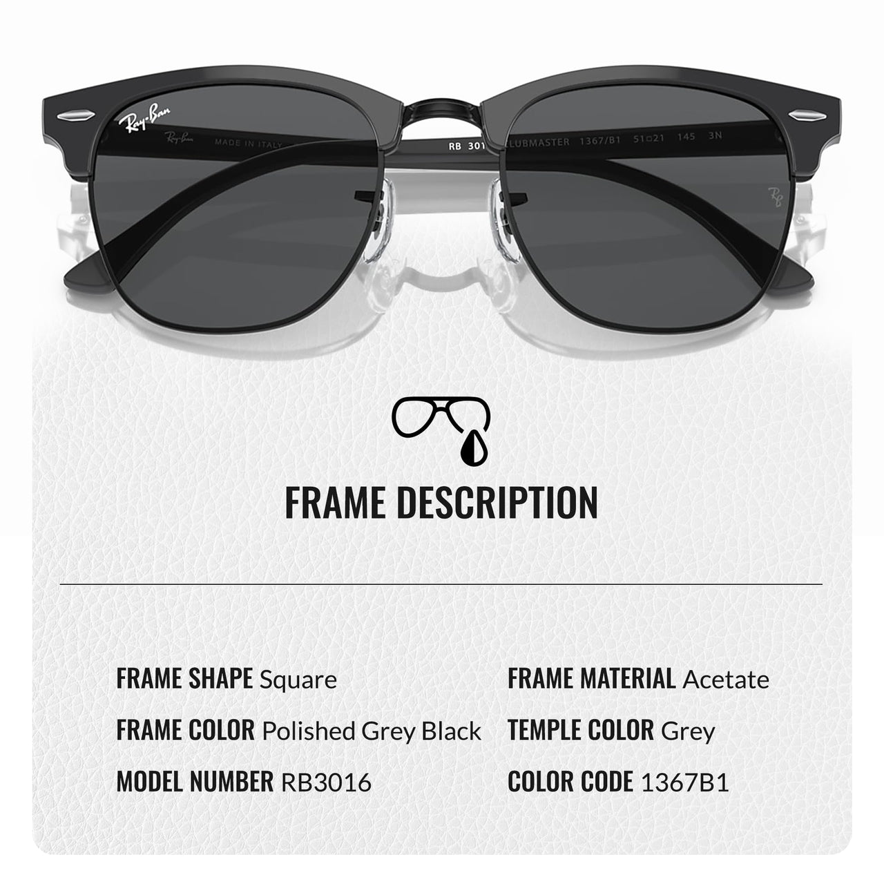 Ray-Ban RB3016 CLUBMASTER CLASSIC Square Shaped Non-Polarized Sunglasses for Men & Women – Includes Official RAYBAN Eyewear Kit – Ideal Formal & Casual Wear Sunglasses – Dark Grey Lens