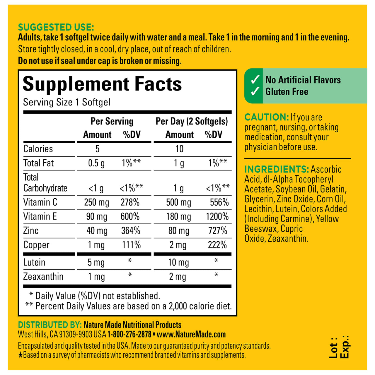 Nature Made Vision Based on the AREDS 2 Formula, Eye Vitamins with Lutein & Zeaxanthin, Vitamin C, Vitamin E, Zinc and Copper for Healthy Vision and Eye Function Support, 60 Softgels, 30 Day Supply