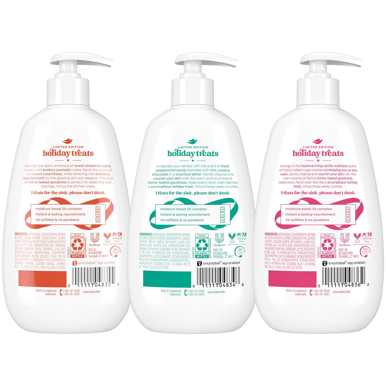 Dove Hand Soap, Holiday Treats Variety 3-Pack – Cinnamon Pumpkin Pie, Peppermint Bark & Sugar Cookie Sprinkle, Gifts for Women, 12 Fl Oz Ea
