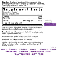 Thumbnail for Bluebonnet Nutrition Folic Acid 400 mcg, Prenatal & Postnatal Health*, Non-GMO, Vegan, Kosher Certified, Gluten-Free, Soy-Free, Dairy-Free, 90 Vegetable Capsules, 90 Servings