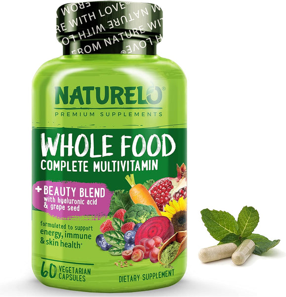 NATURELO Whole Food Multivitamin Capsules - Beauty Blend with Hyaluronic Acid & Grape Seed