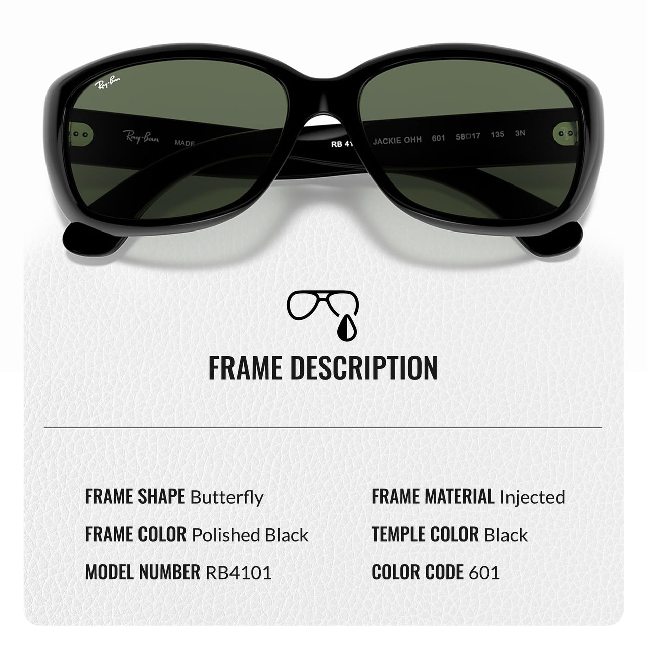 Ray-Ban RB4101 JACKIE OHH Butterfly Shaped Non-Polarized Sunglasses for Women – Includes Official RAYBAN Eyewear Kit – Ideal Formal & Casual Wear Sunglasses – Dark Green Lens