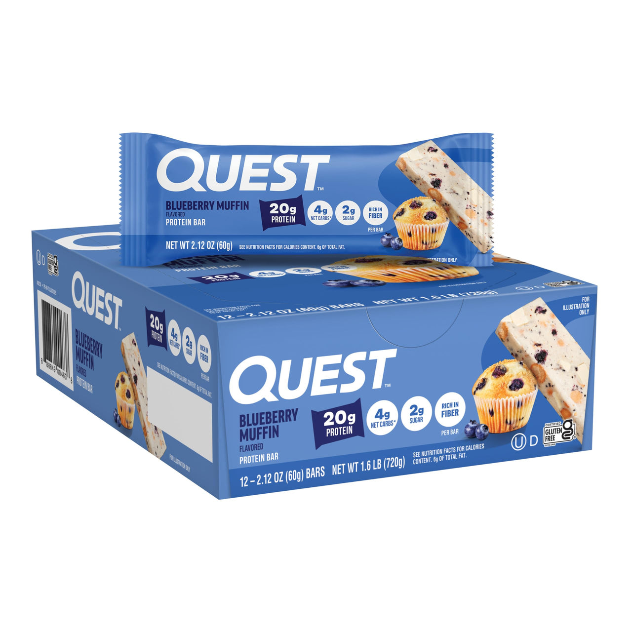 Quest Nutrition Blueberry Muffin Protein Bars, 20g Protein, 2g Sugar, 5g Net Carb, High Fiber, Gluten Free, Keto Friendly, 12 Count