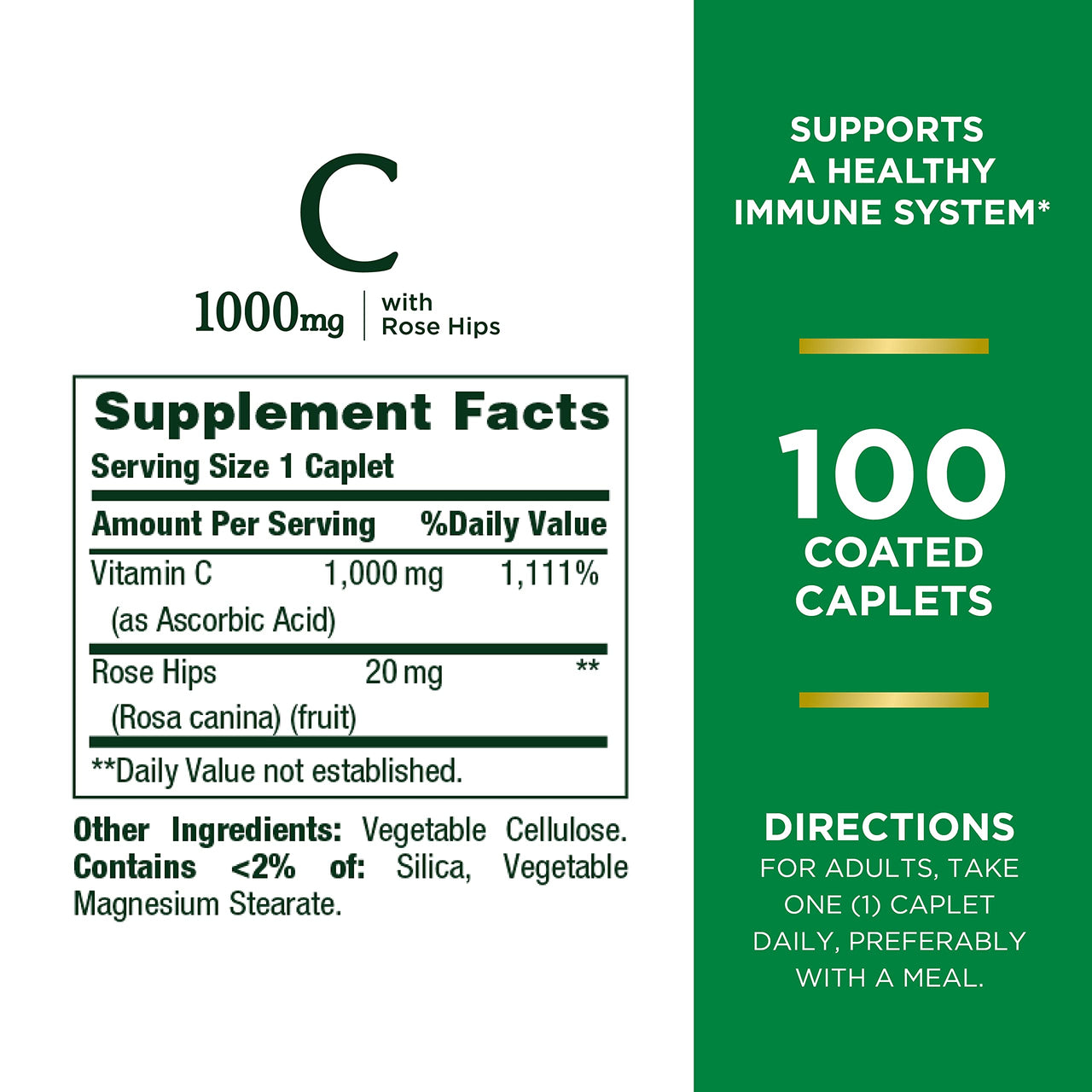 Nature's Bounty Vitamin C + Rose HIPS, Immune Support, 1000mg, Coated Caplets, 100 Ct