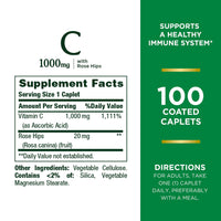 Thumbnail for Nature's Bounty Vitamin C + Rose HIPS, Immune Support, 1000mg, Coated Caplets, 100 Ct