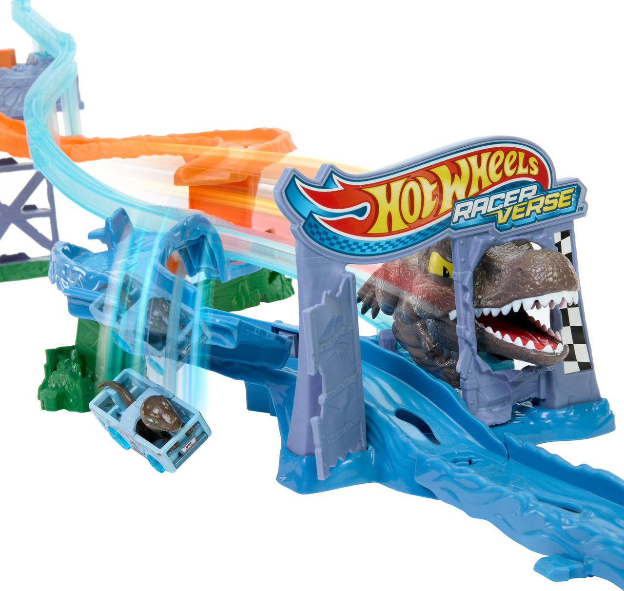 Hot Wheels Toy Car Track Set, RacerVerse Jurassic World Crash & Splash Playset with Die-Cast Velociraptor Vehicle, Dinosaur Race with Spinosaurus