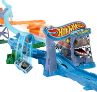Thumbnail for Hot Wheels Toy Car Track Set, RacerVerse Jurassic World Crash & Splash Playset with Die-Cast Velociraptor Vehicle, Dinosaur Race with Spinosaurus