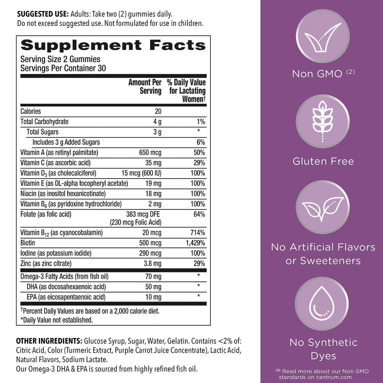 Centrum Postnatal Multivitamin Gummies with Biotin and DHA, Mixed Berry and Lemon Flavors - 60 Count, 30 Day Supply