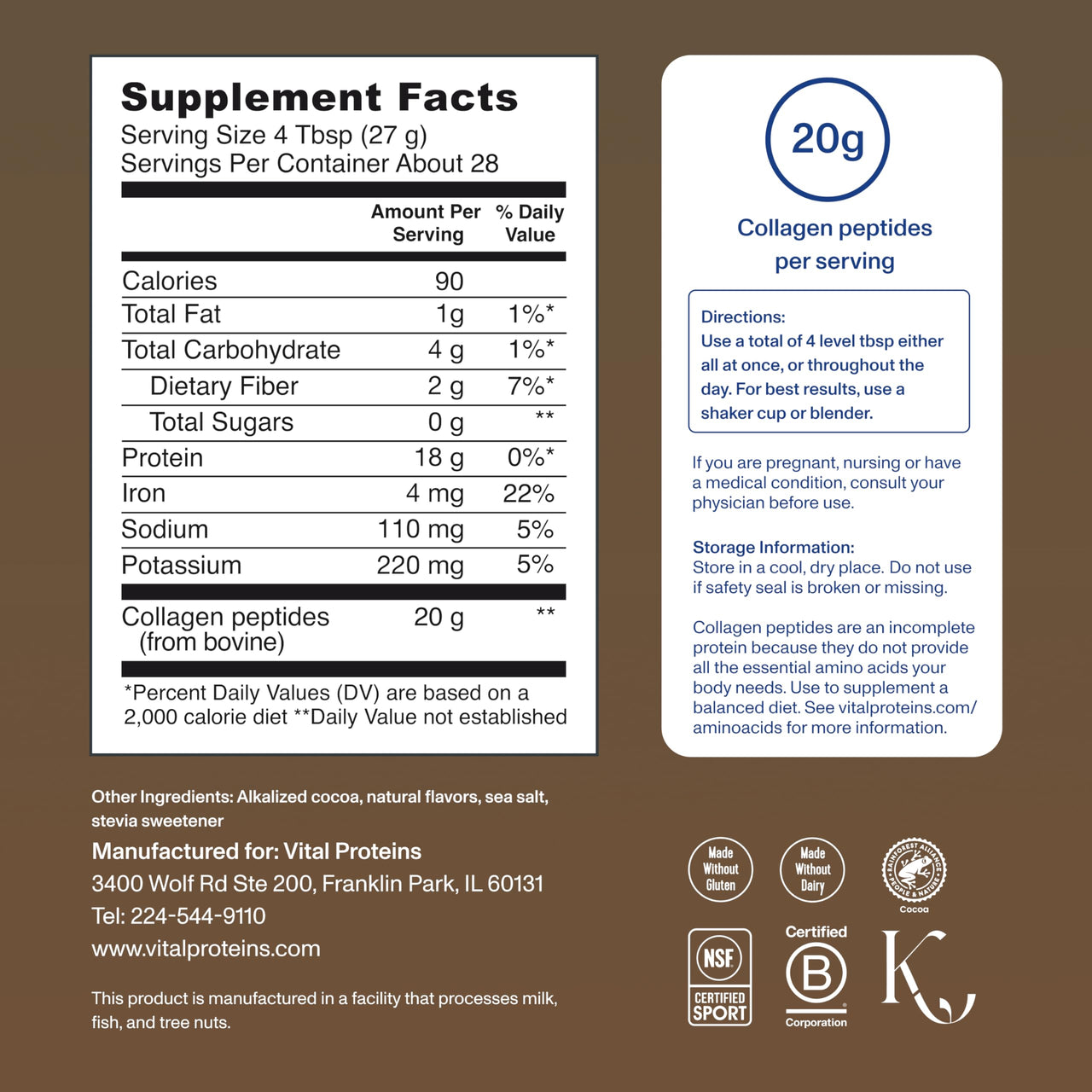 Vital Proteins Collagen Peptides Powder Supplement, Hydrolyzed Collagen for Skin, Hair, Nails & Joints, Chocolate, 28 Servings