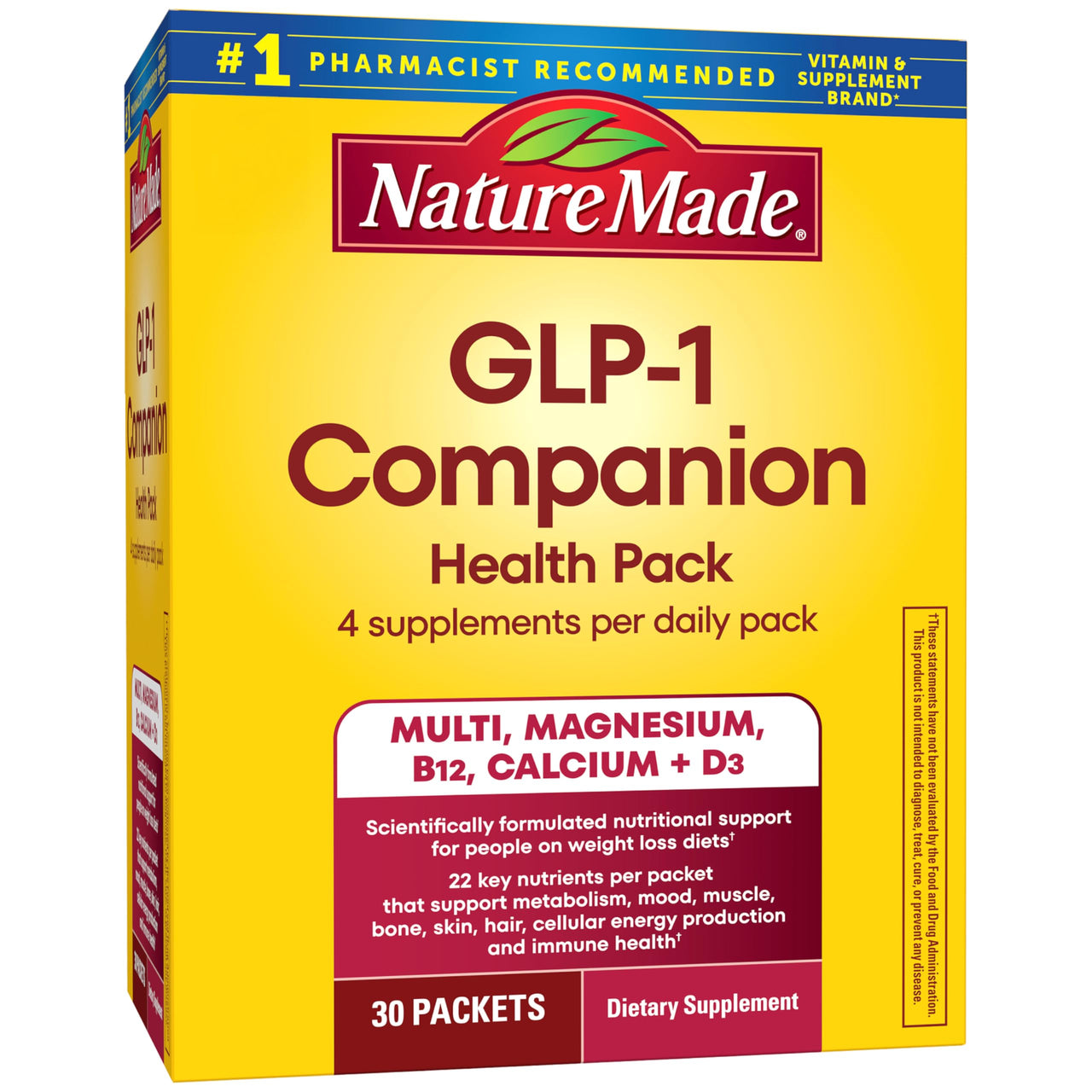 Nature Made GLP-1 Companion Health Pack, Multivitamin for Women and Men, Magnesium, Calcium, Vitamin D & B12, Nutritional Support for Weight Loss Diets, 30 Packets